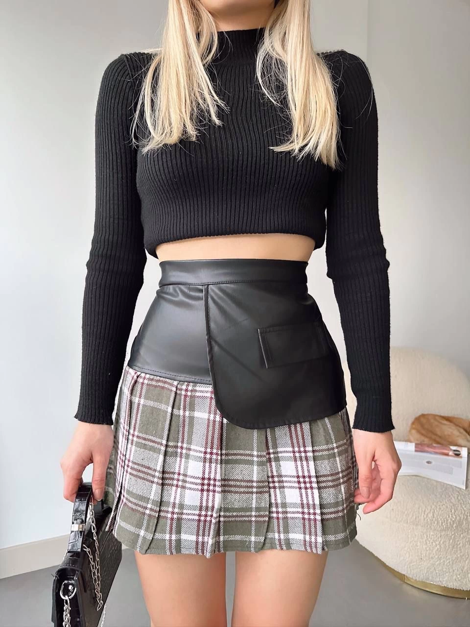 Deri Garnili Cepli Ekose Etek Siyah