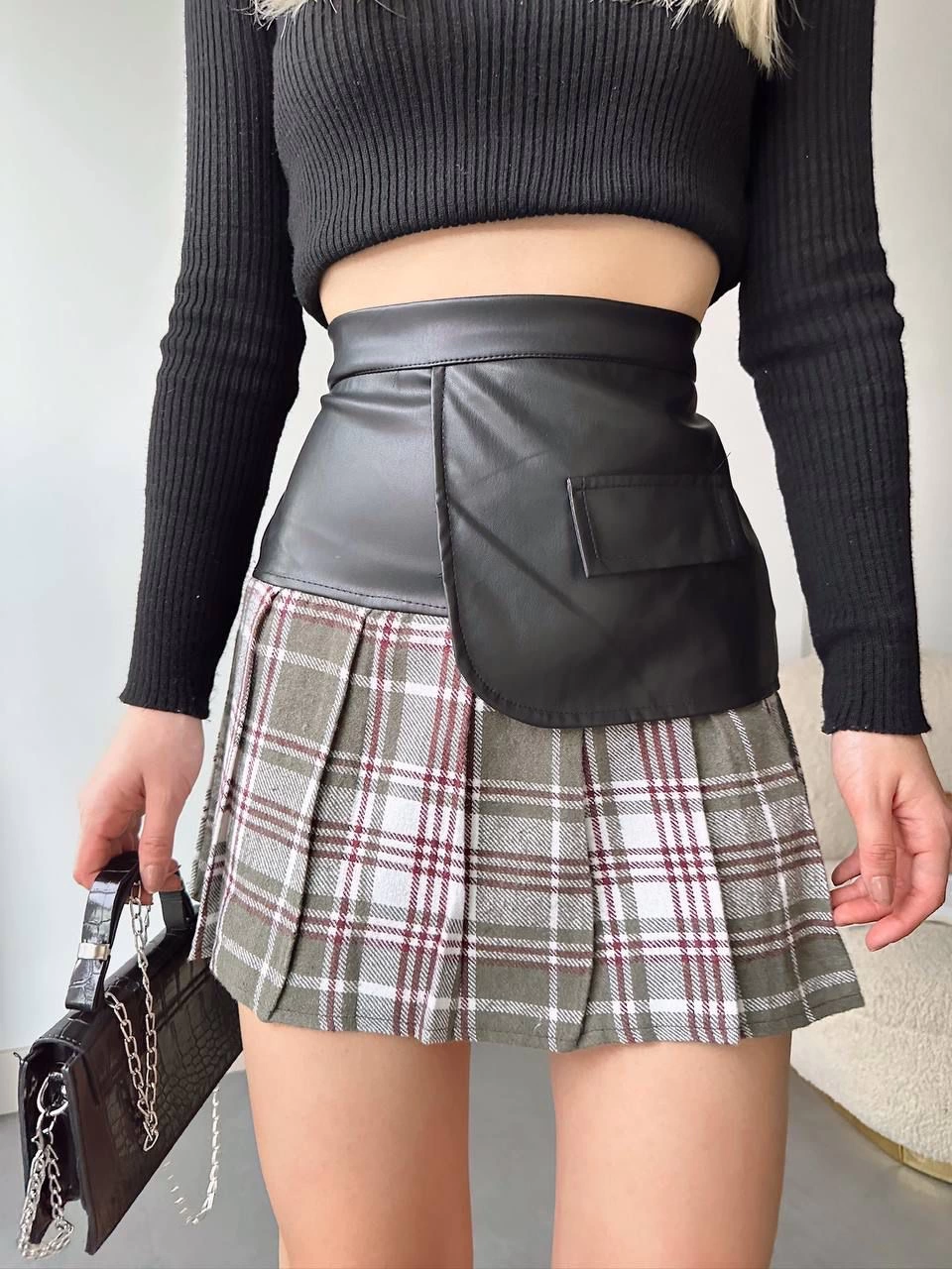 Deri Garnili Cepli Ekose Etek Siyah