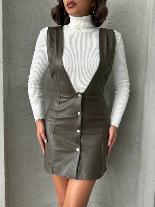Leather Gilet Dress Khaki