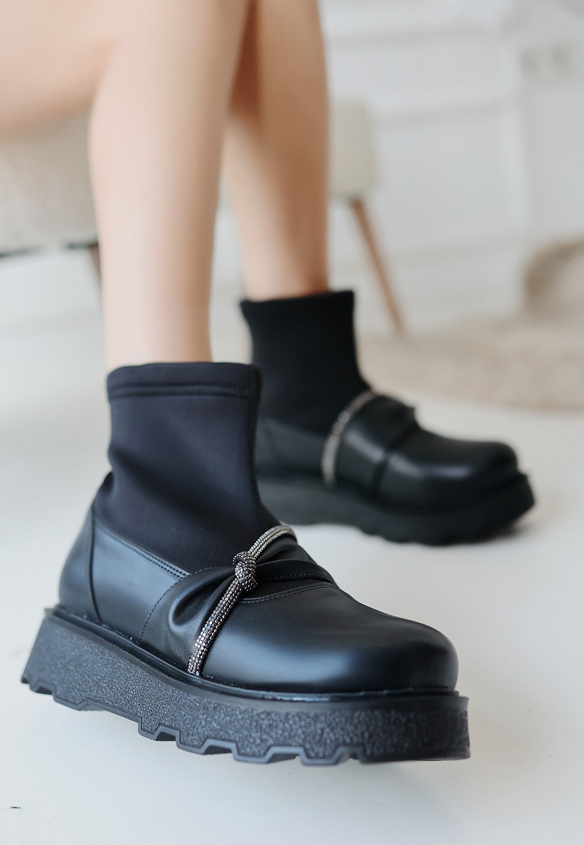 Dewn Black Chunky Heel Boots