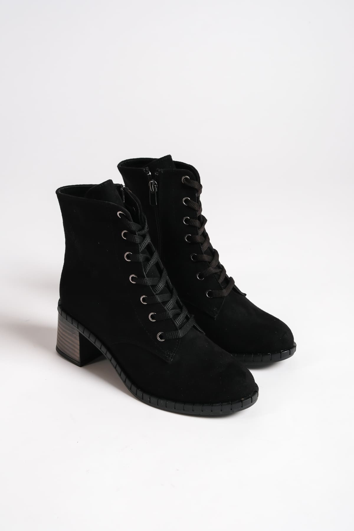 DIANAX Lace-Up Zippered Orthopedic Heeled Women's Boots - Black Suede