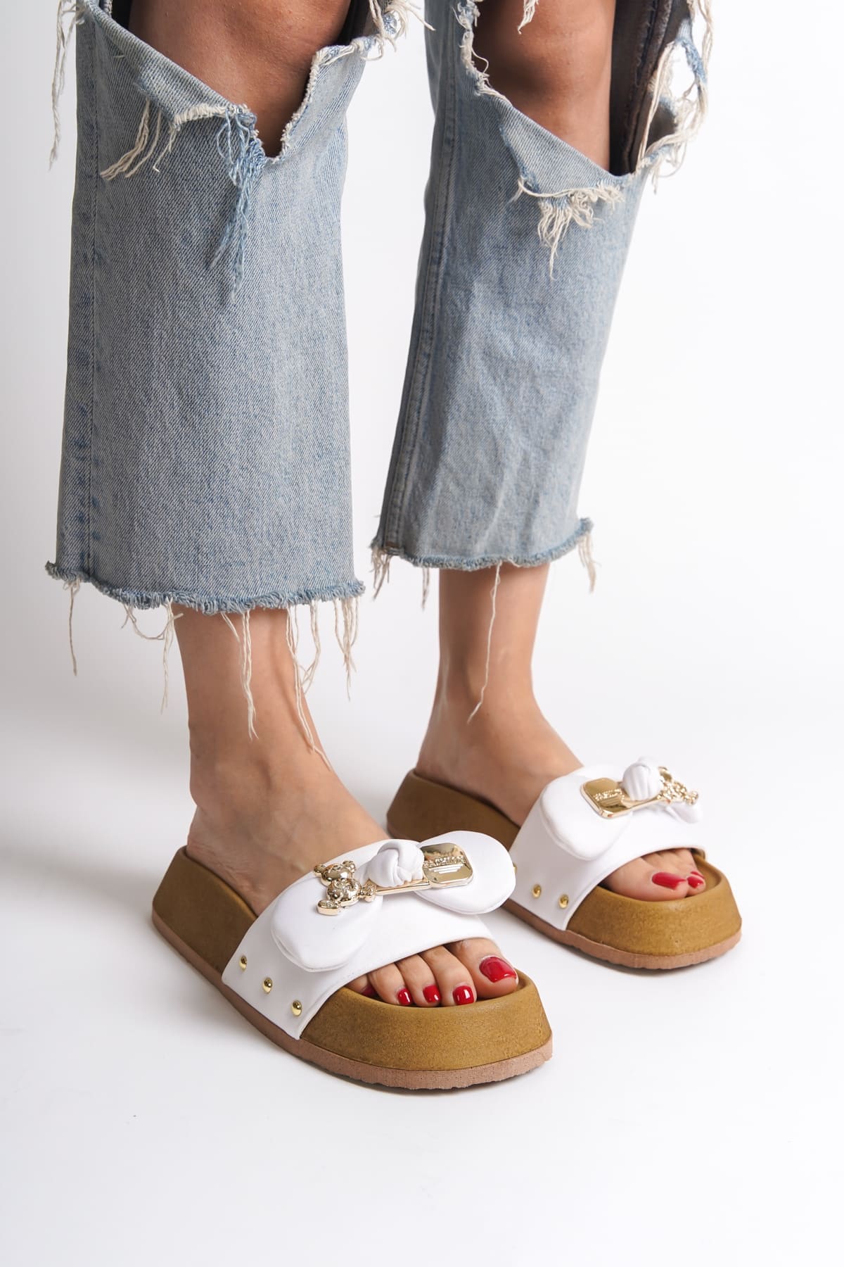 DILUSH Thick and Orthopedic Sole Teddy Bear Satin Women's Slippers - White
