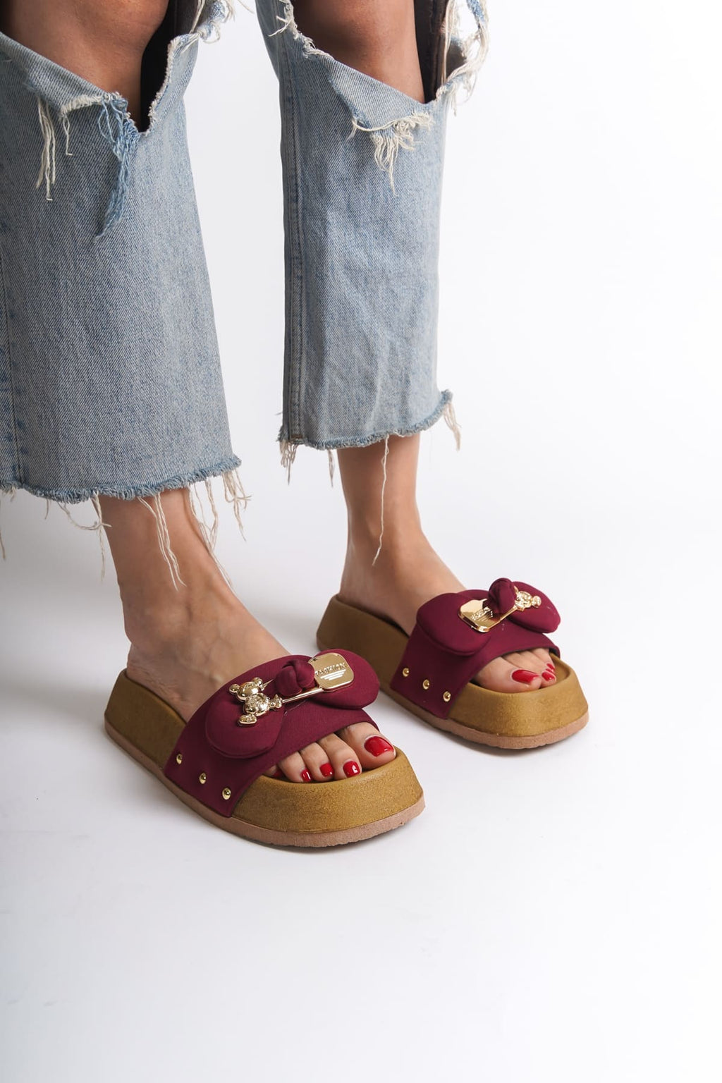 DILUSH Thick and Orthopedic Sole Teddy Bear Satin Women's Slippers - Claret Red