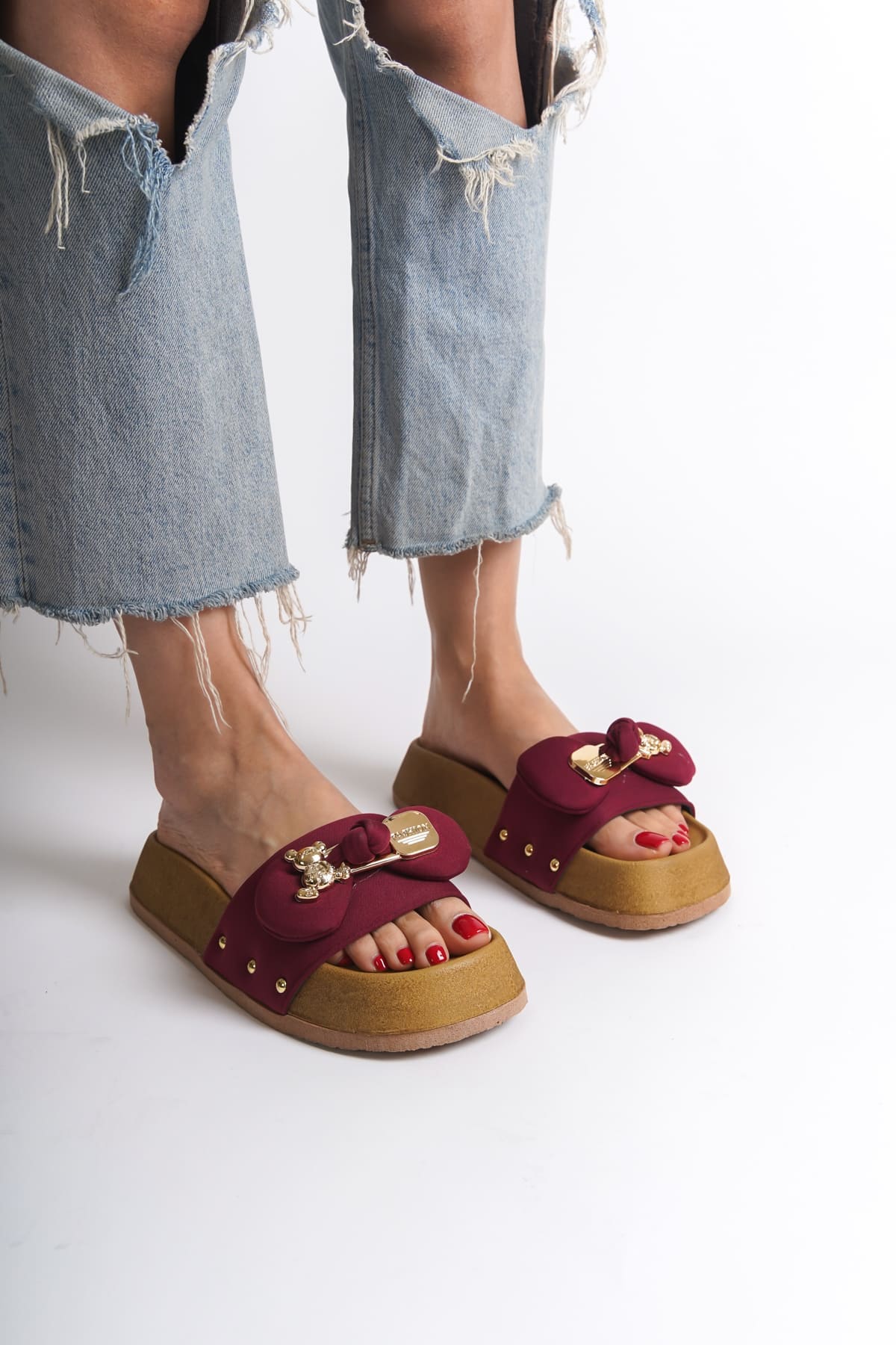 DILUSH Thick and Orthopedic Sole Teddy Bear Satin Women's Slippers - Claret Red