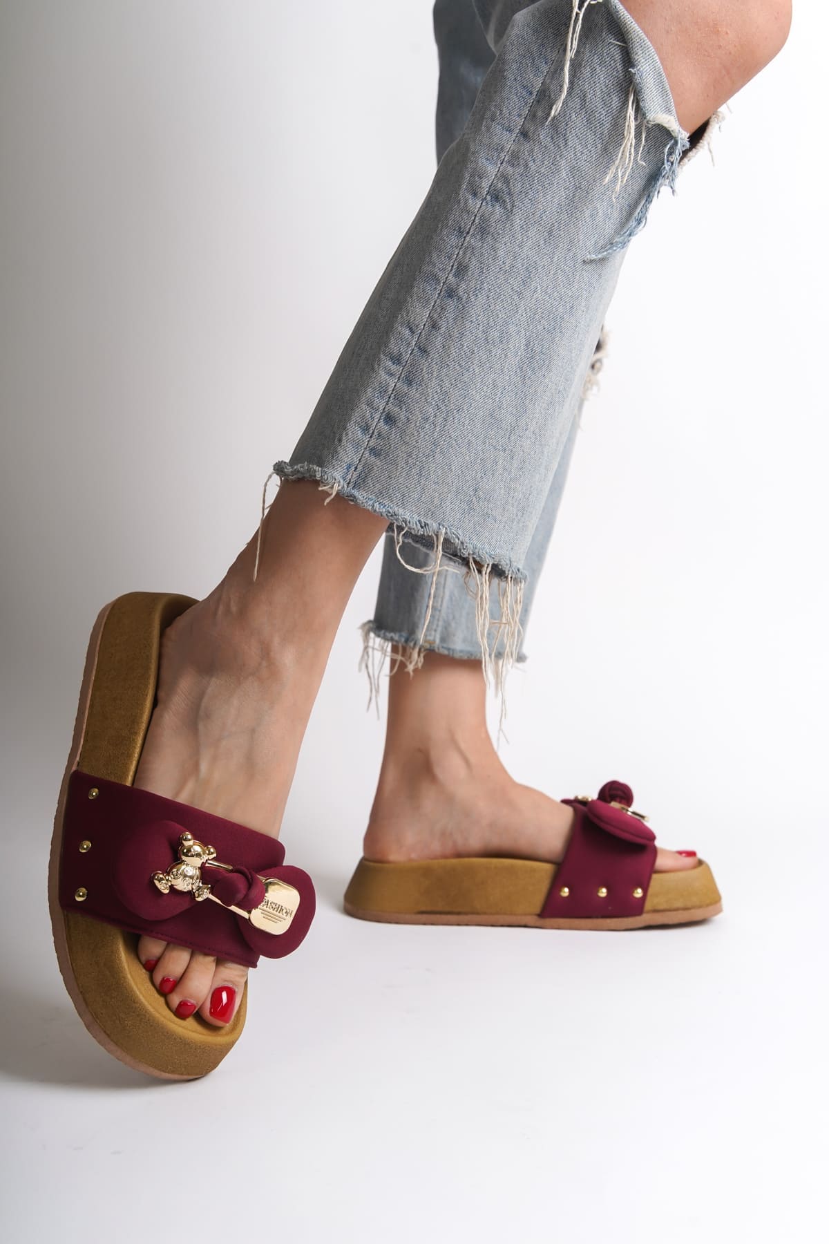 DILUSH Thick and Orthopedic Sole Teddy Bear Satin Women's Slippers - Claret Red