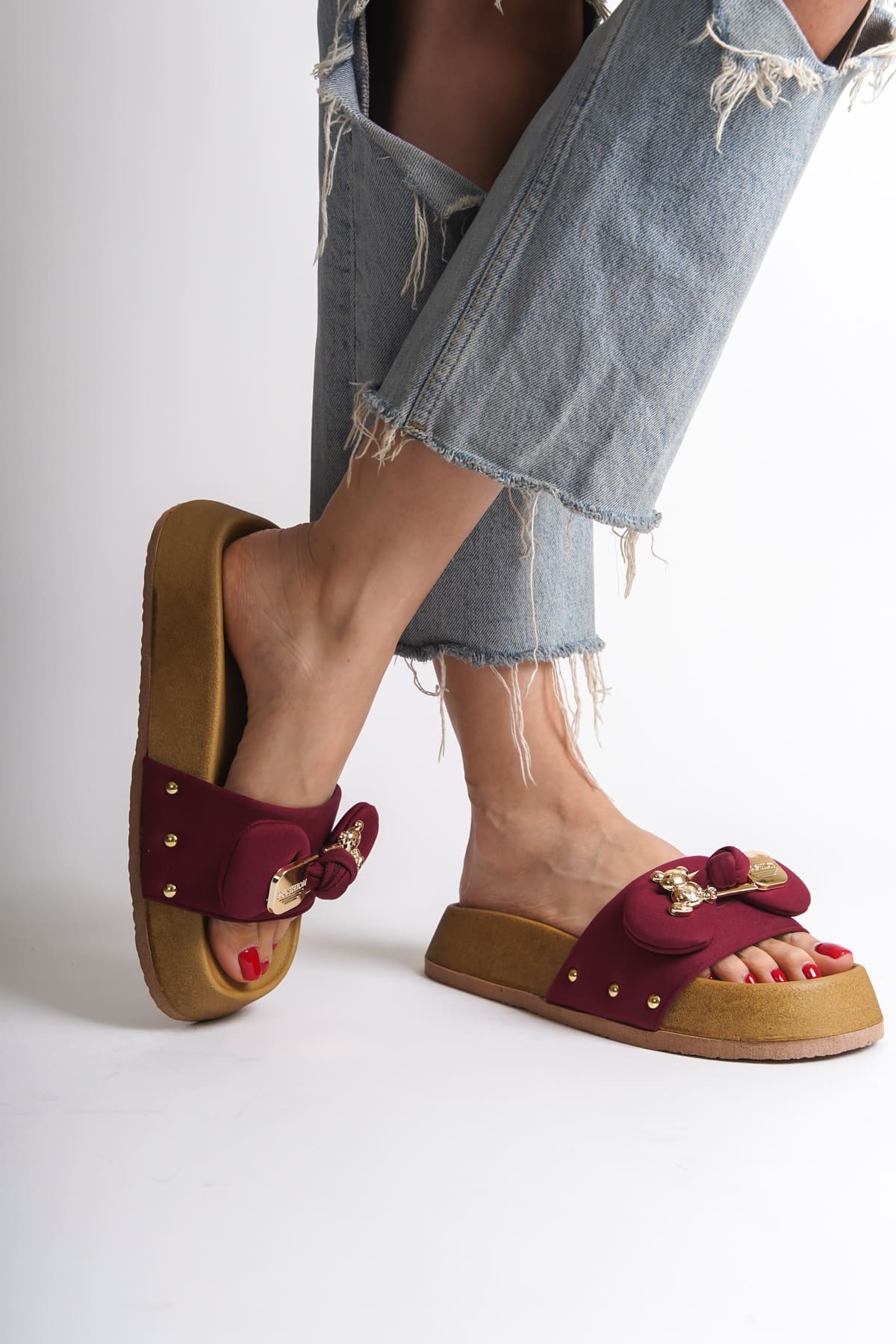 DILUSH Thick and Orthopedic Sole Teddy Bear Satin Women's Slippers - Claret Red