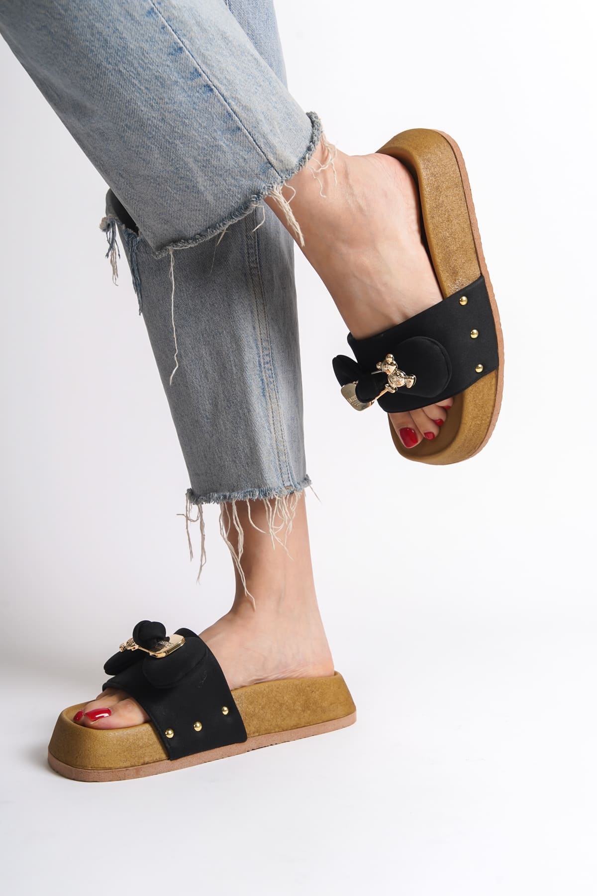 DILUSH Thick and Orthopedic Sole Teddy Bear Satin Women's Slippers - Black