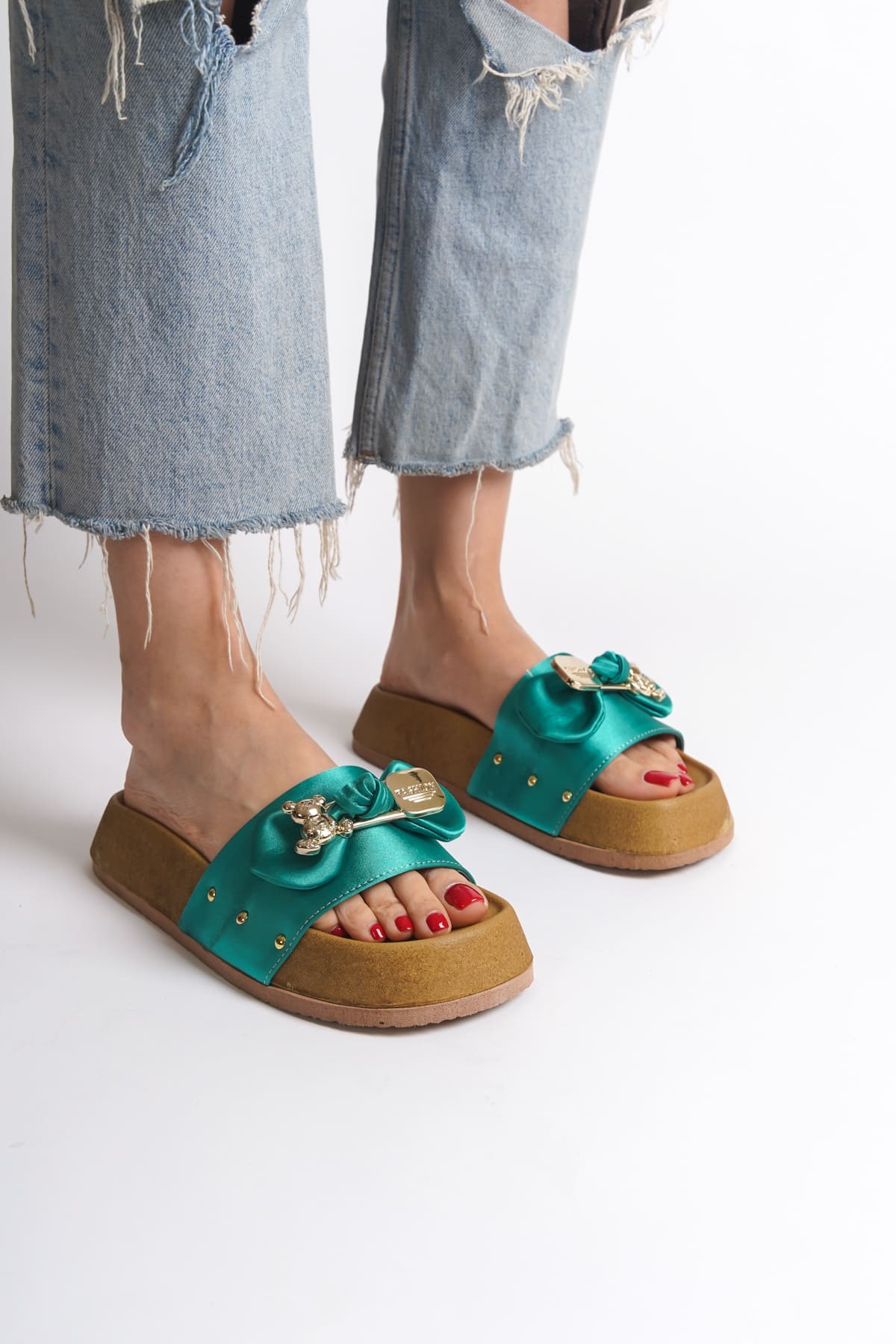 DILUSH Thick and Orthopedic Sole Teddy Bear Satin Women's Slippers - Green