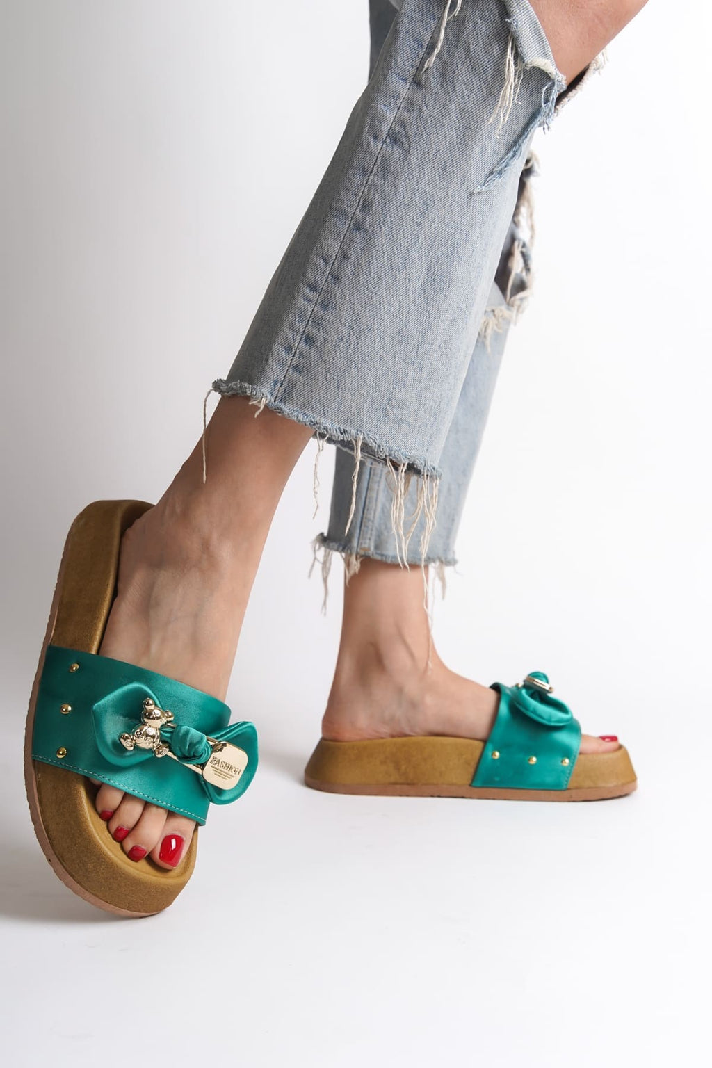 DILUSH Thick and Orthopedic Sole Teddy Bear Satin Women's Slippers - Green