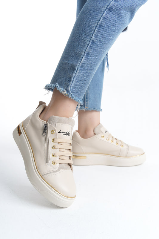 DINAS Lace-Up Zippered Orthopedic Women's Sneakers - Cream Gold