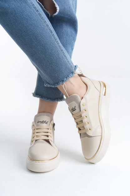 DINAS Lace-Up Zippered Orthopedic Women's Sneakers - Cream Gold
