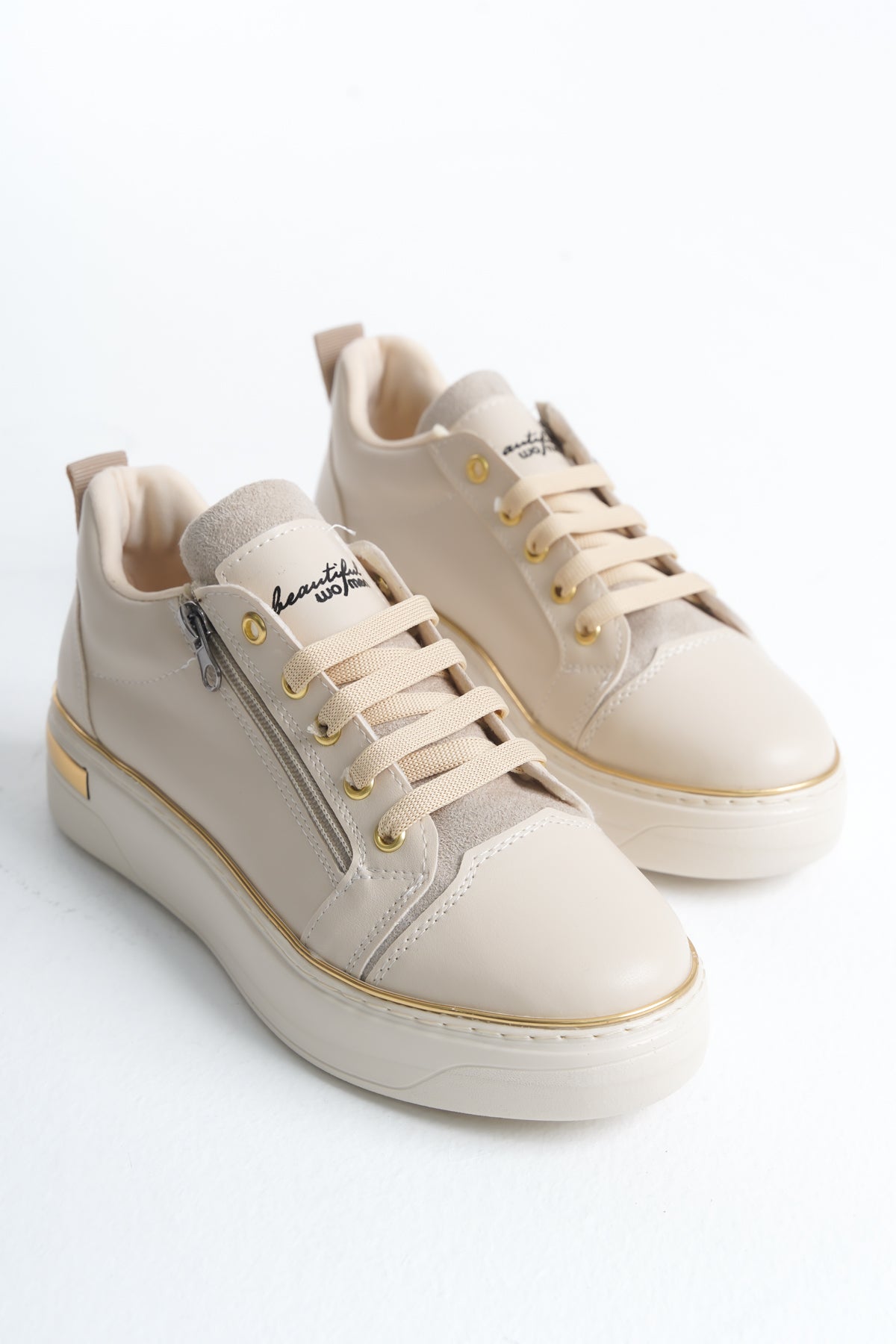 DINAS Lace-Up Zippered Orthopedic Women's Sneakers - Cream Gold
