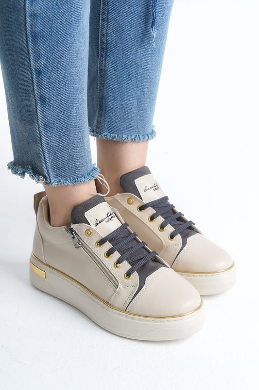 DINAS Lace-Up Zippered Orthopedic Women's Sneakers - Cream Gray Gold