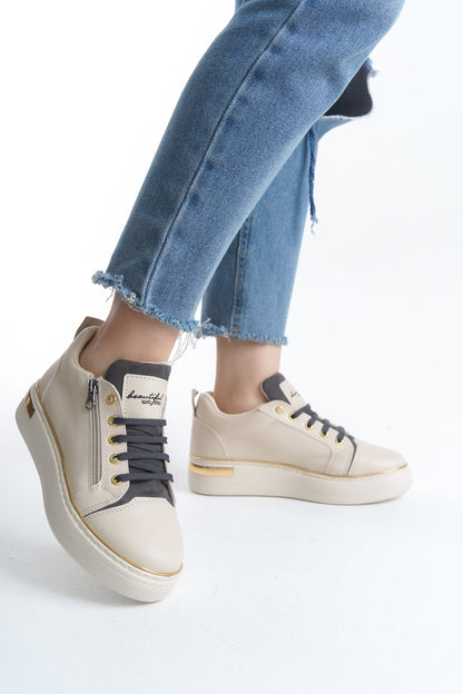 DINAS Lace-Up Zippered Orthopedic Women's Sneakers - Cream Gray Gold