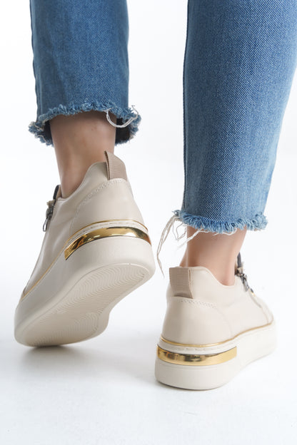 DINAS Lace-Up Zippered Orthopedic Women's Sneakers - Cream Gray Gold