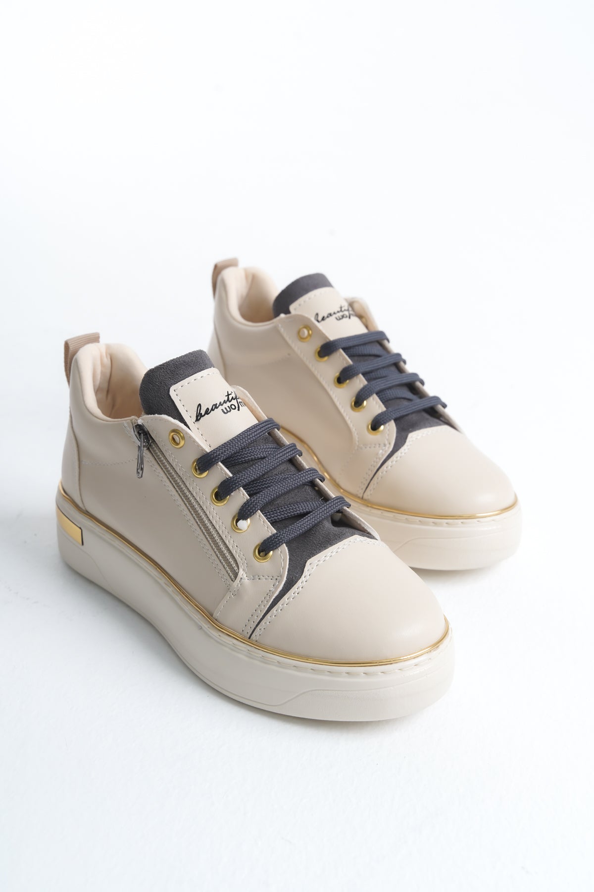 DINAS Lace-Up Zippered Orthopedic Women's Sneakers - Cream Gray Gold