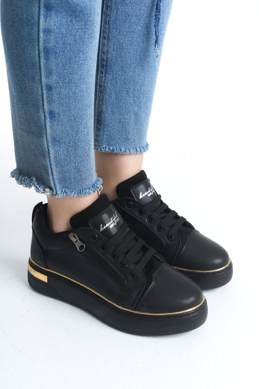 DINAS Lace-Up Zippered Orthopedic Women's Sneakers - Black Gold