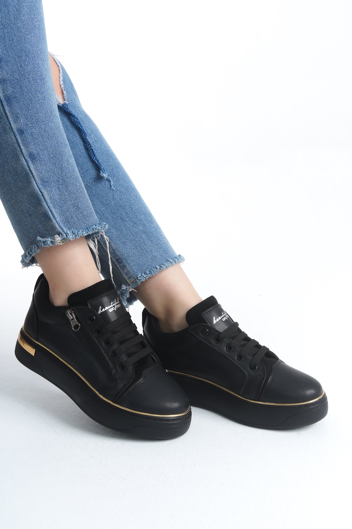 DINAS Lace-Up Zippered Orthopedic Women's Sneakers - Black Gold