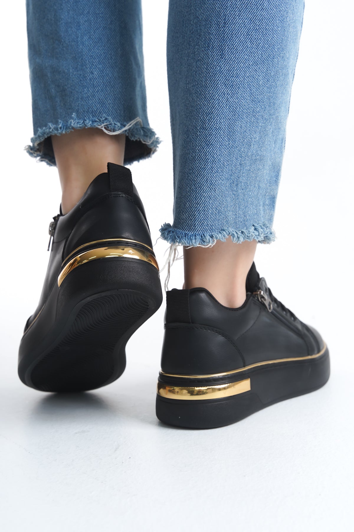 DINAS Bağcıklı Fermuarlı Ortopedik Kadın Sneaker Spor Ayakkabı - Siyah Altın
