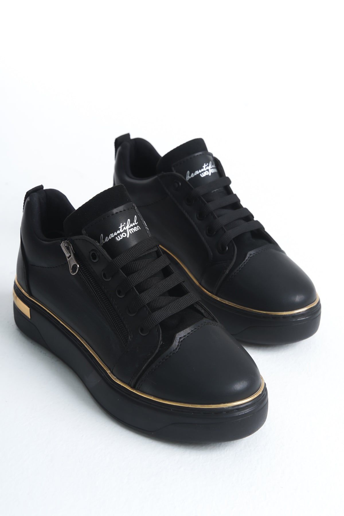 DINAS Lace-Up Zippered Orthopedic Women's Sneakers - Black Gold