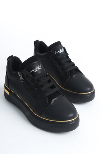 DINAS Lace-Up Zippered Orthopedic Women's Sneakers - Black Gold