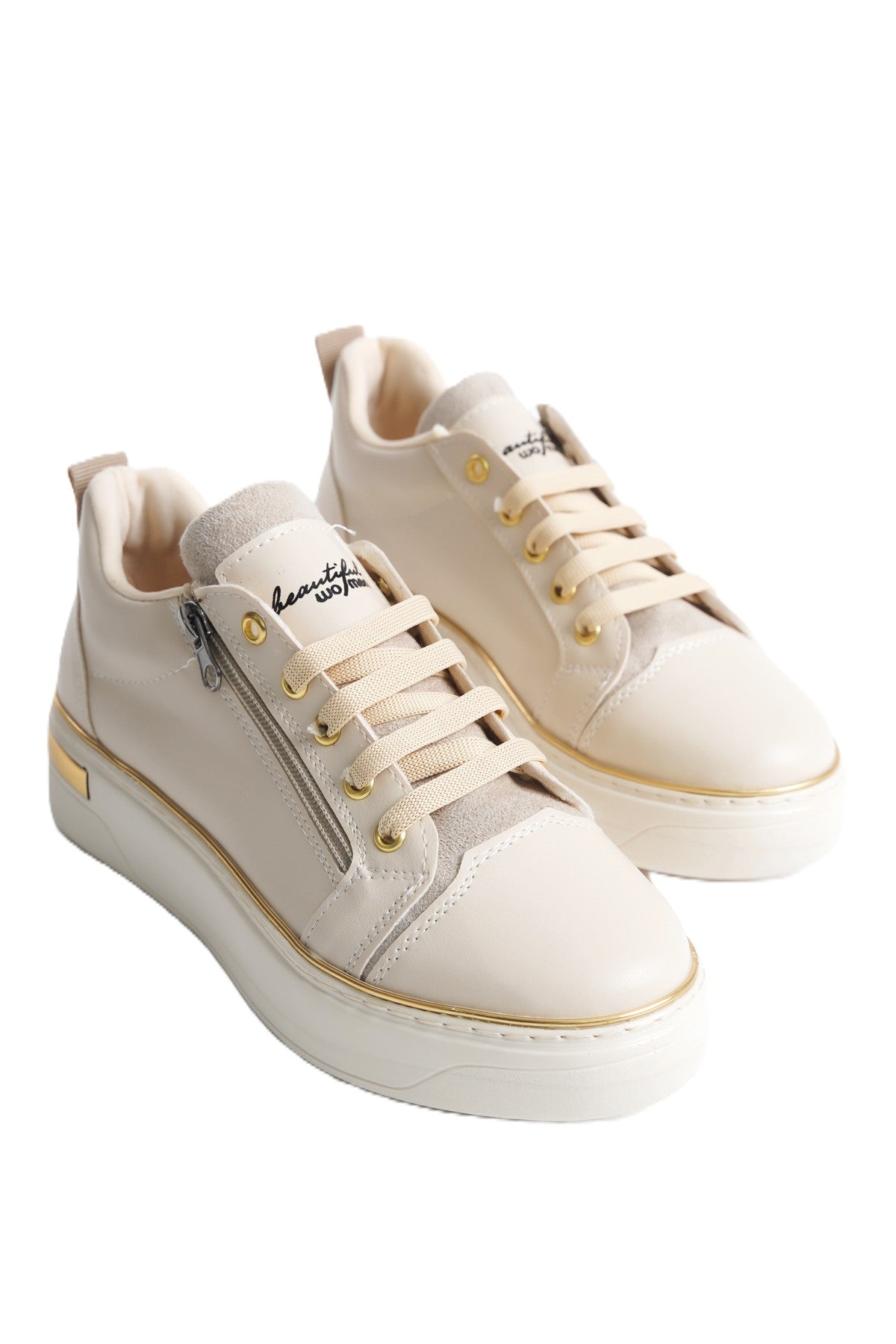 DINAS Lace-Up Zippered Orthopedic Women's Sneakers - Cream Gold