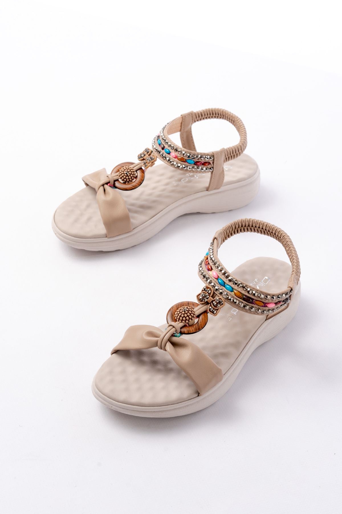 ZRİN-608 Premium Bej Taşlı Lastikli Günlük Kadın Sandalet