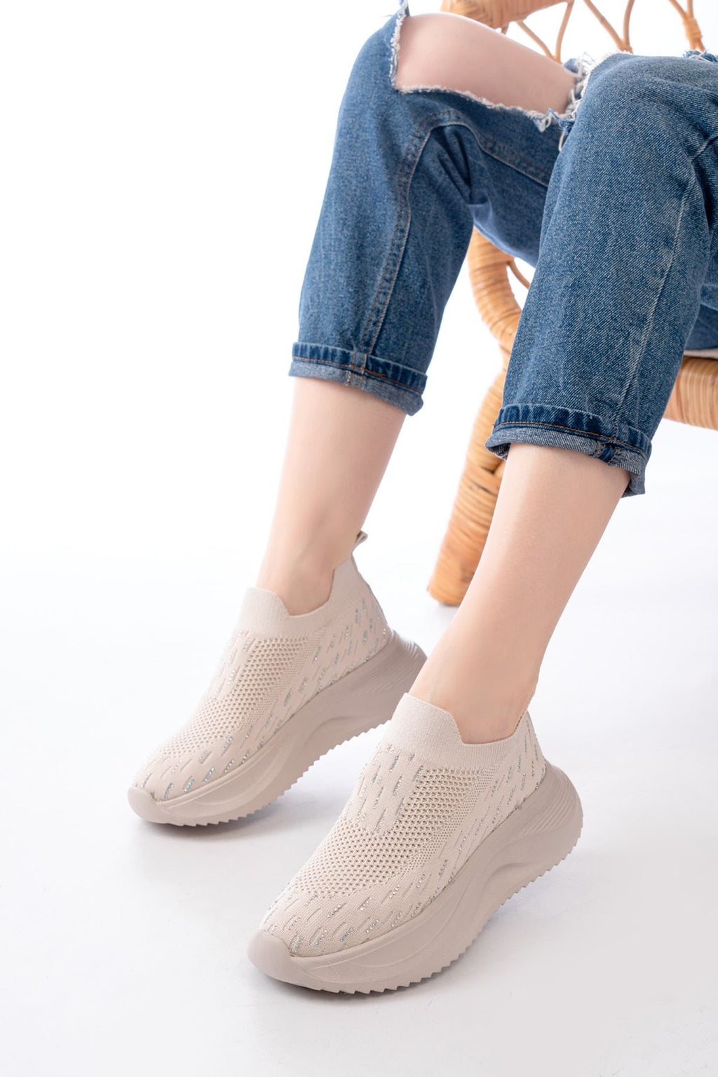 ZRİN-707 Bej Triko Faillant Taban Slip-On Taşlı Kadın Spor Ayakkabı