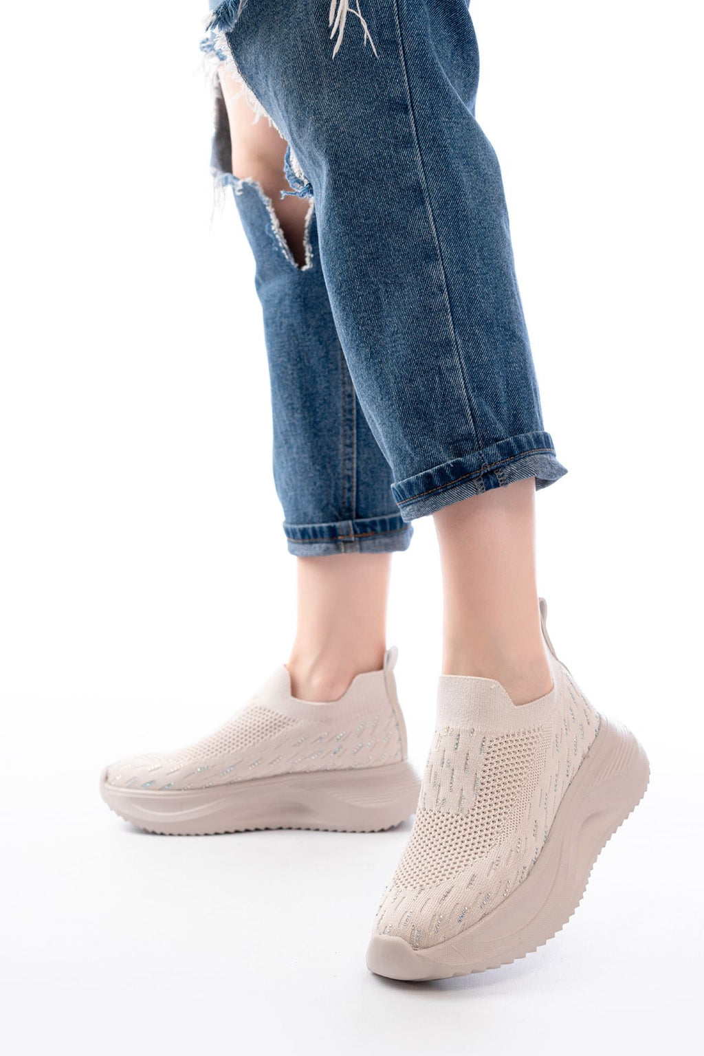 ZRİN-707 Bej Triko Faillant Taban Slip-On Taşlı Kadın Spor Ayakkabı