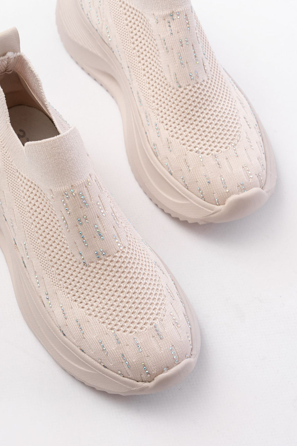 ZRİN-707 Bej Triko Faillant Taban Slip-On Taşlı Kadın Spor Ayakkabı
