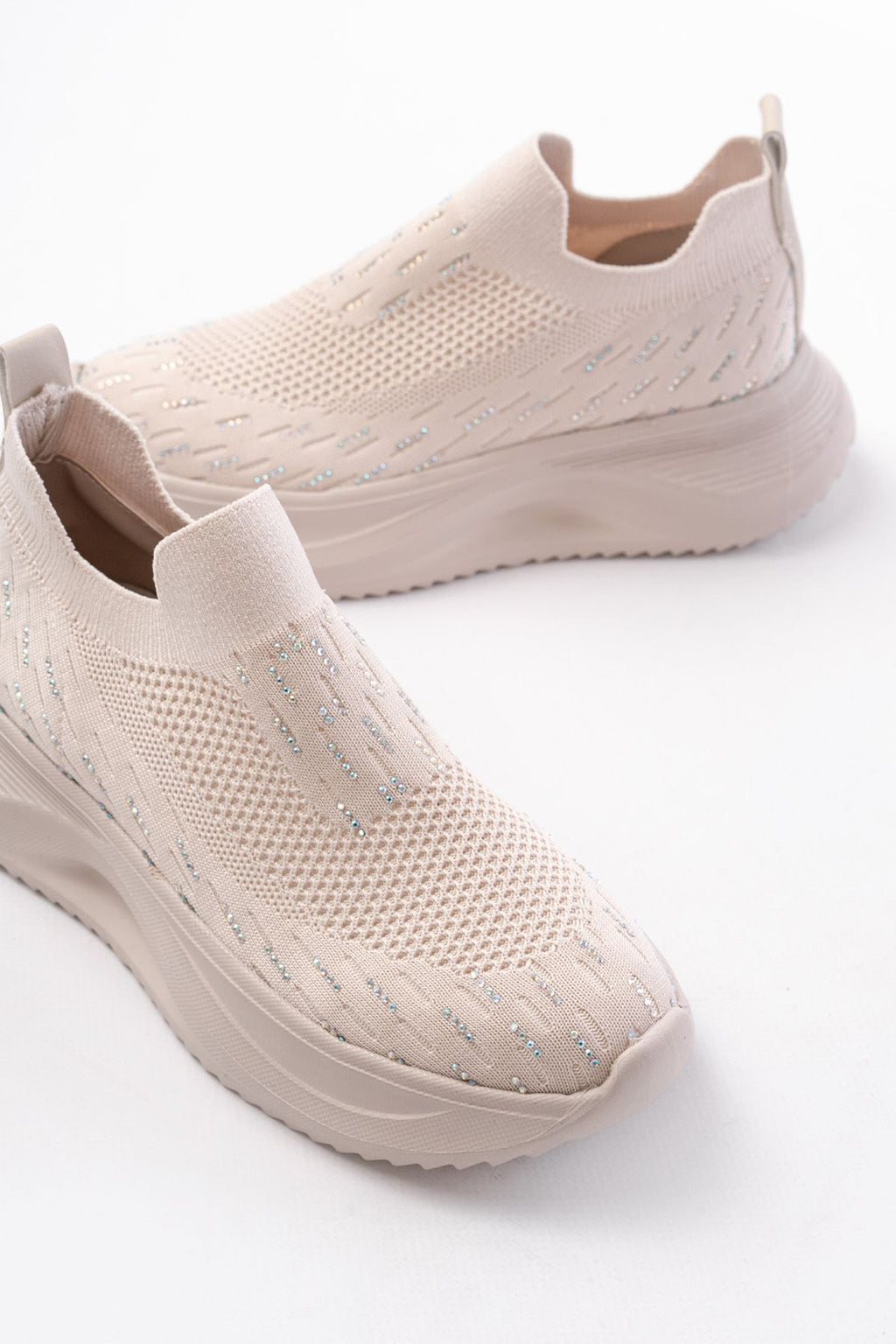 ZRİN-707 Bej Triko Faillant Taban Slip-On Taşlı Kadın Spor Ayakkabı