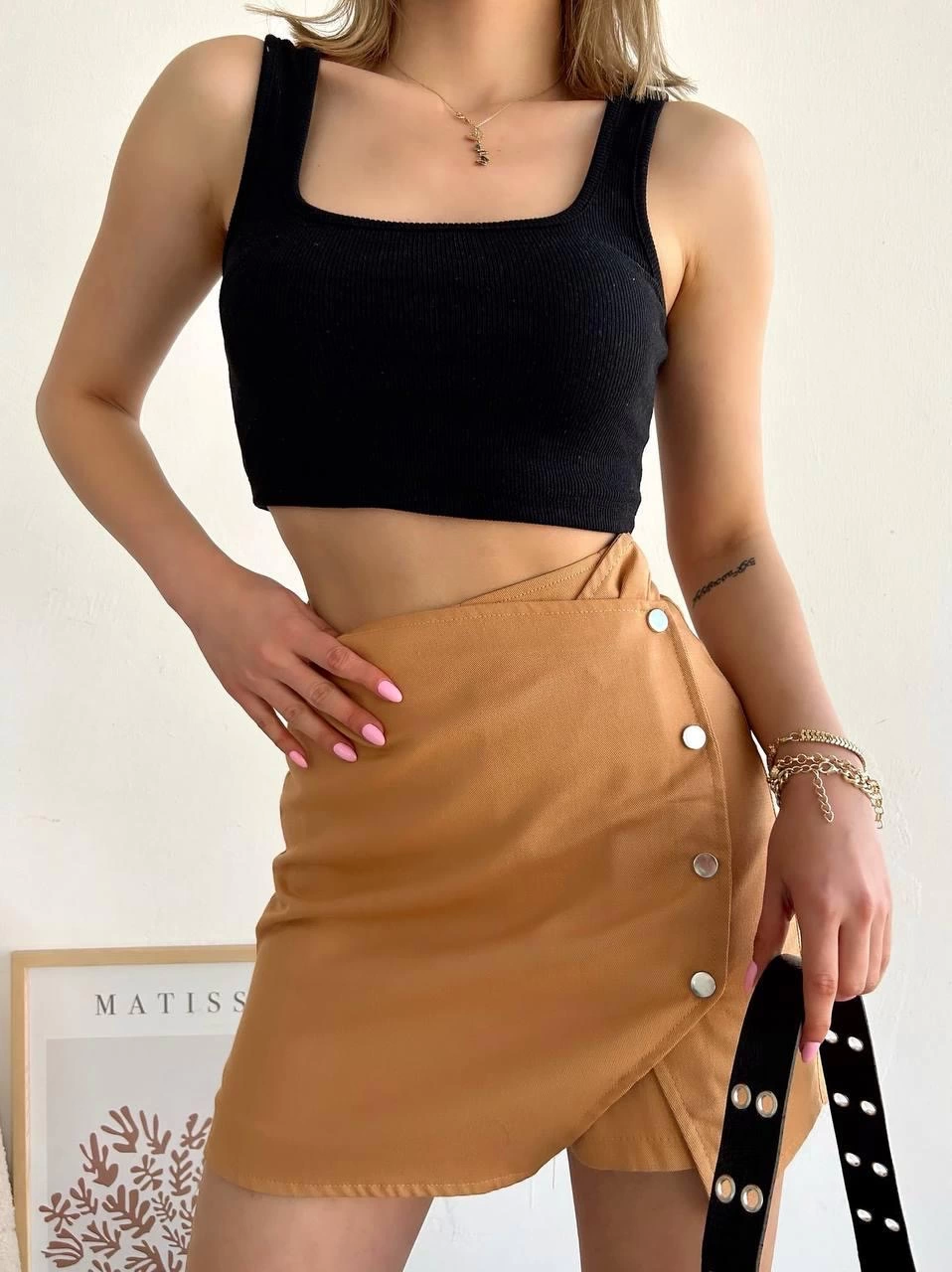 Dört Çıtçıtlı Gabardin Şort Etek Camel
