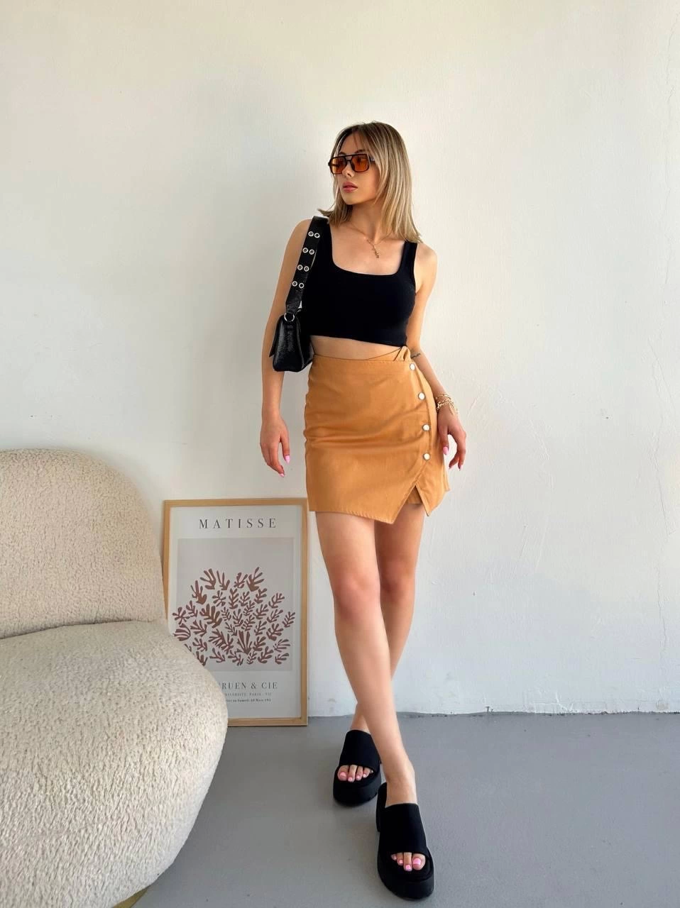 Dört Çıtçıtlı Gabardin Şort Etek Camel