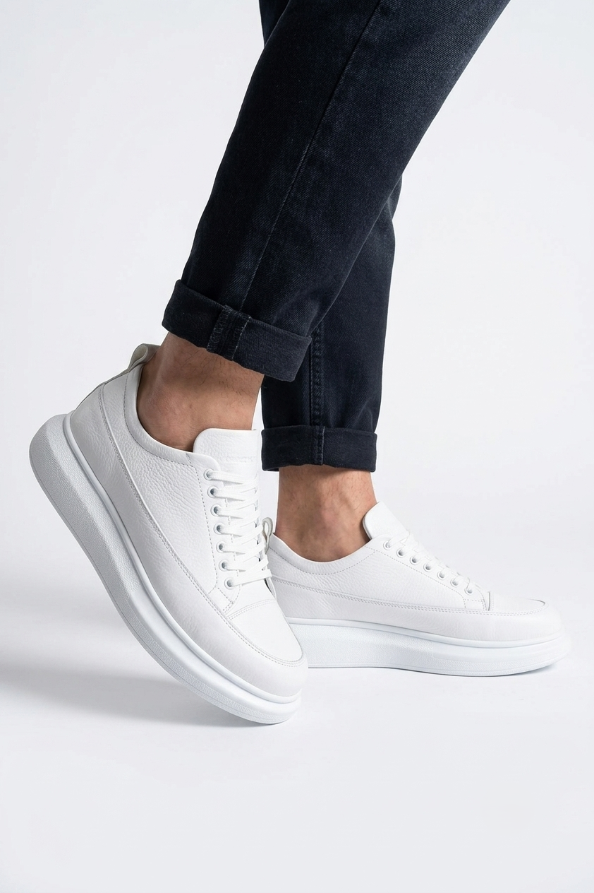Drake Yüksek Kalite Bağcıklı Kalın Taban Erkek Günlük Sneaker Beyaz
