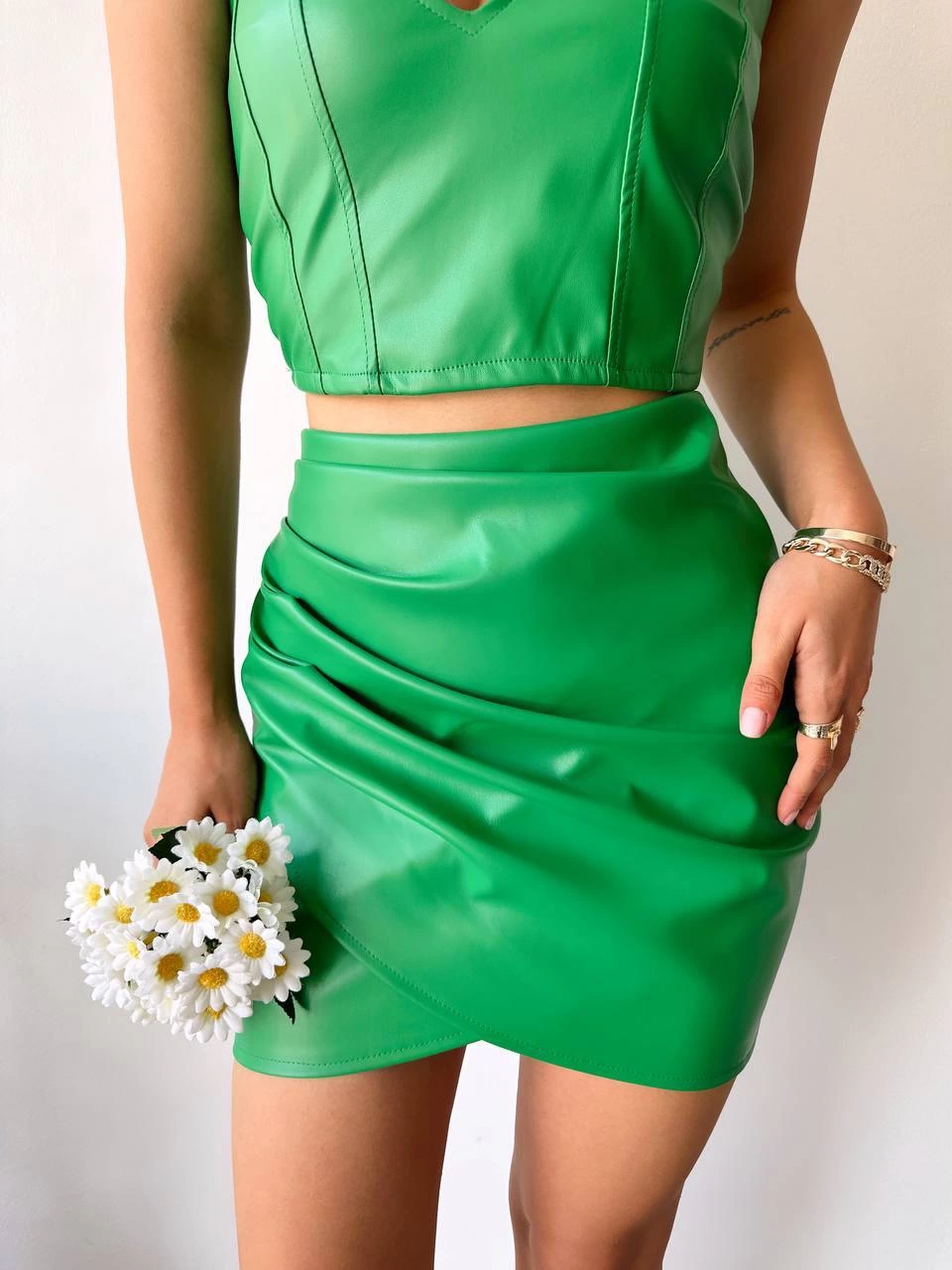 Drapeli Deri Etek Yeşil