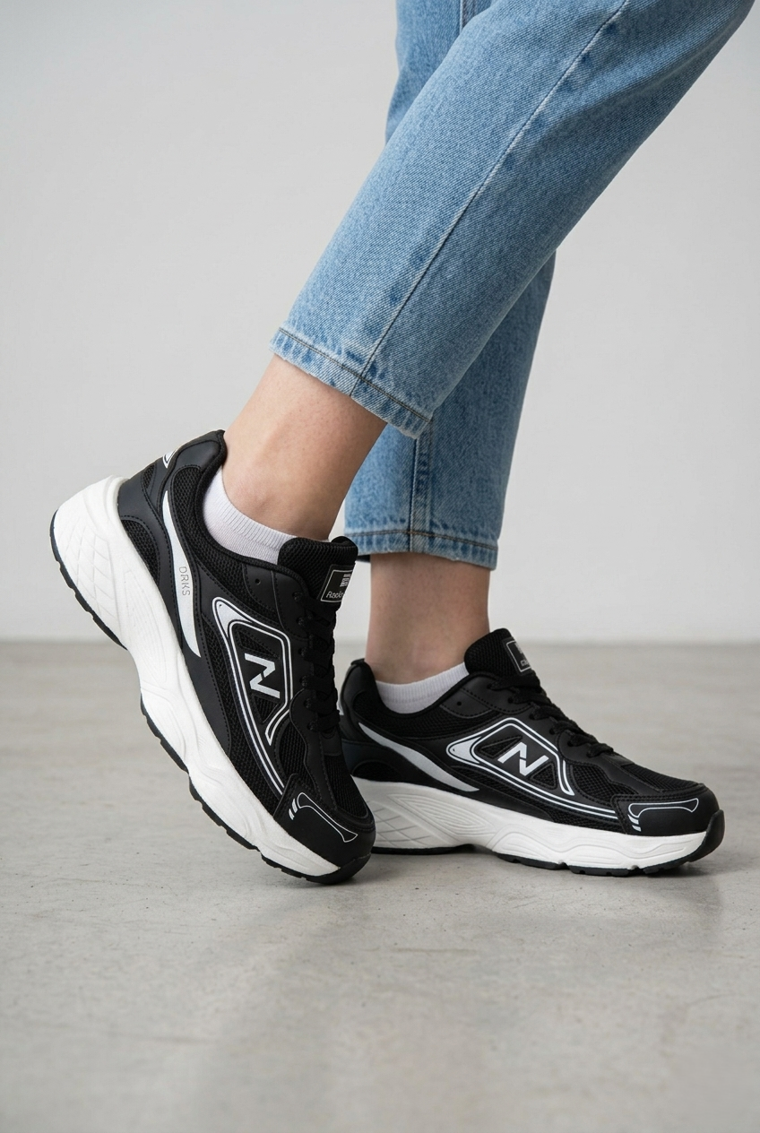 DRKSTP-182 Balance Premium Fileli Ortopedik Taban Siyah Beyaz Kadın Sneaker