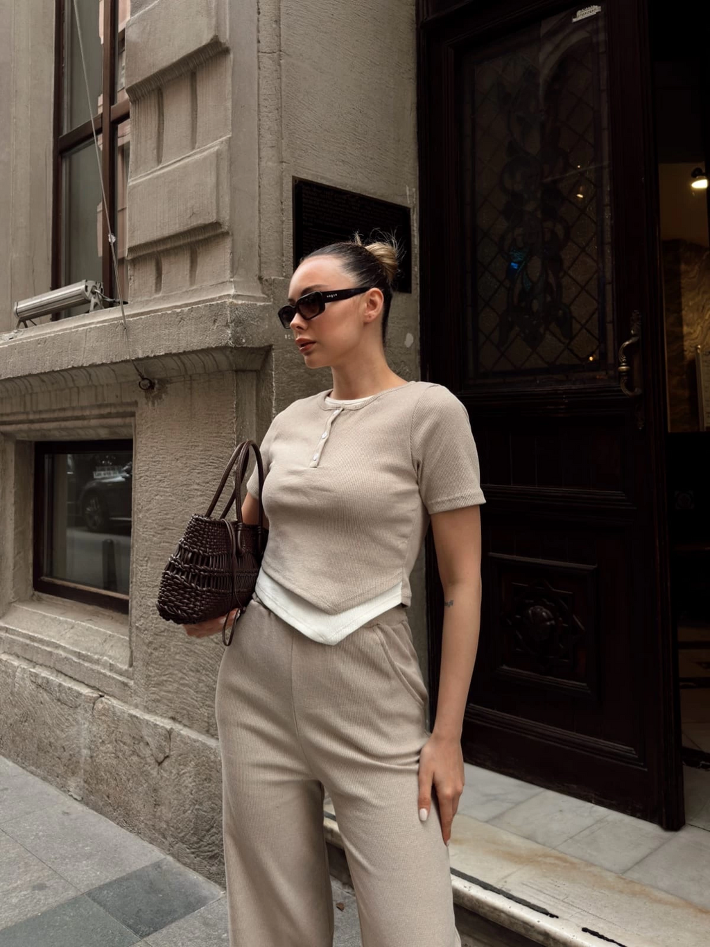 Button-Collar Beige Top and Bottom Set