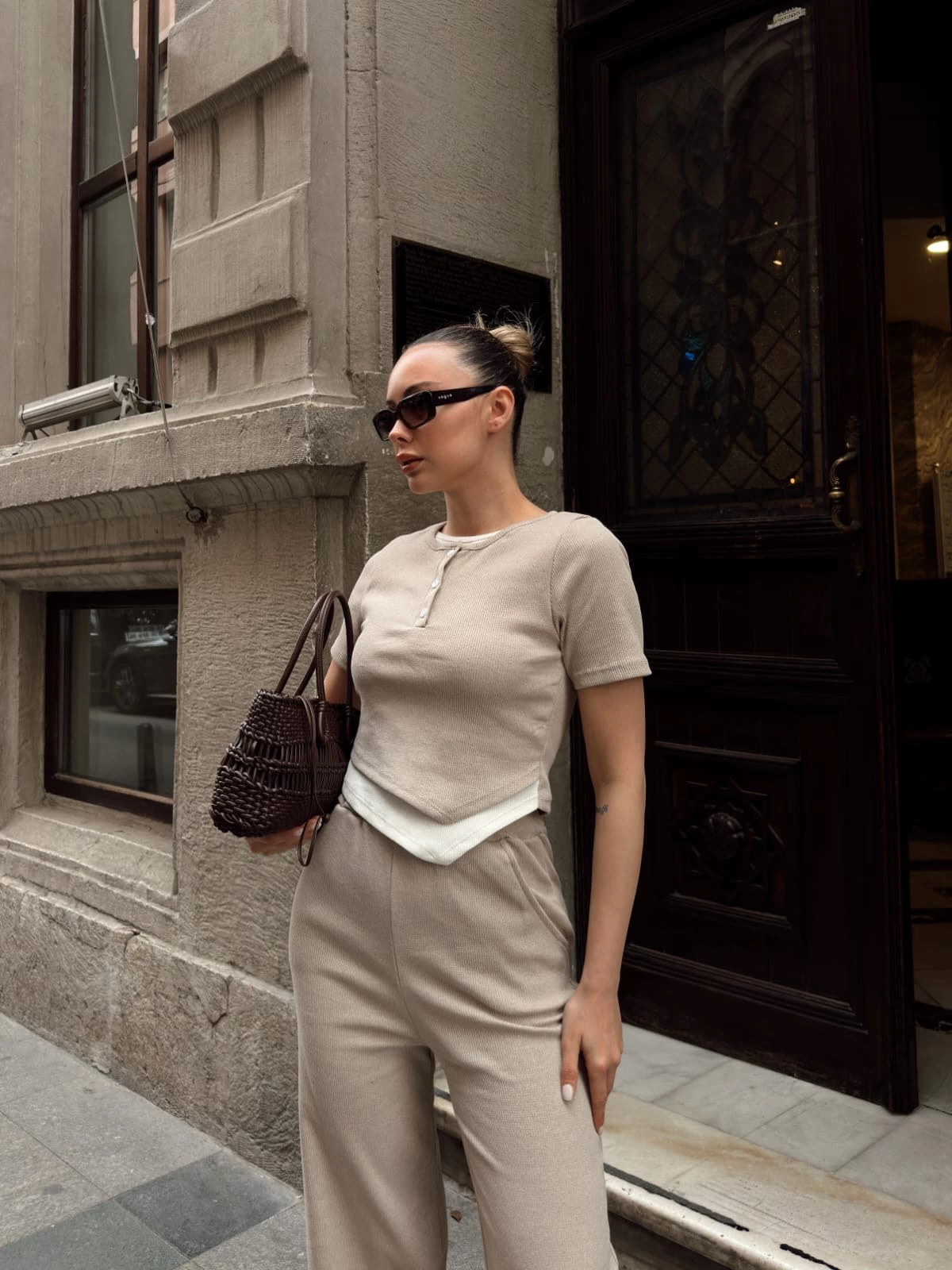 Button-Collar Beige Top and Bottom Set