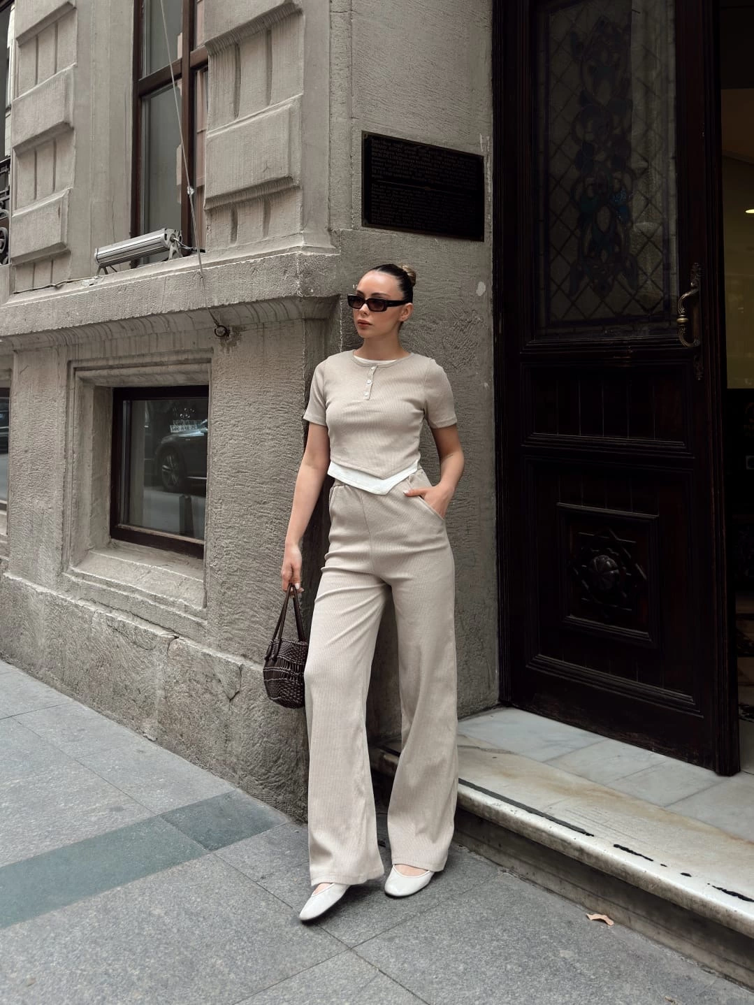 Button-Collar Beige Top and Bottom Set