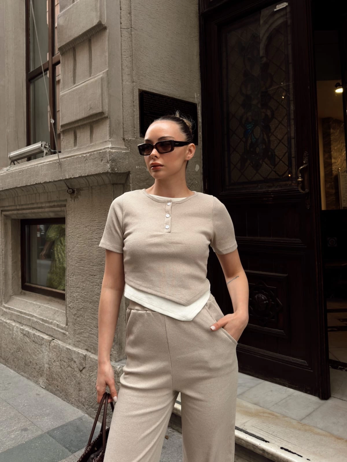 Button-Collar Beige Top and Bottom Set