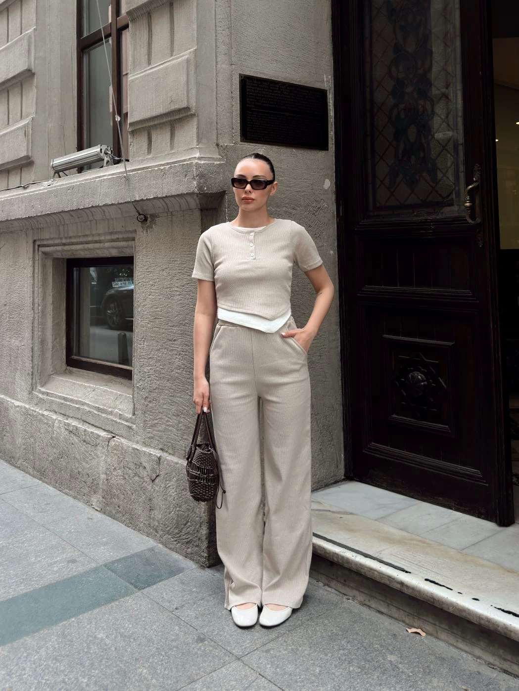 Button-Collar Beige Top and Bottom Set