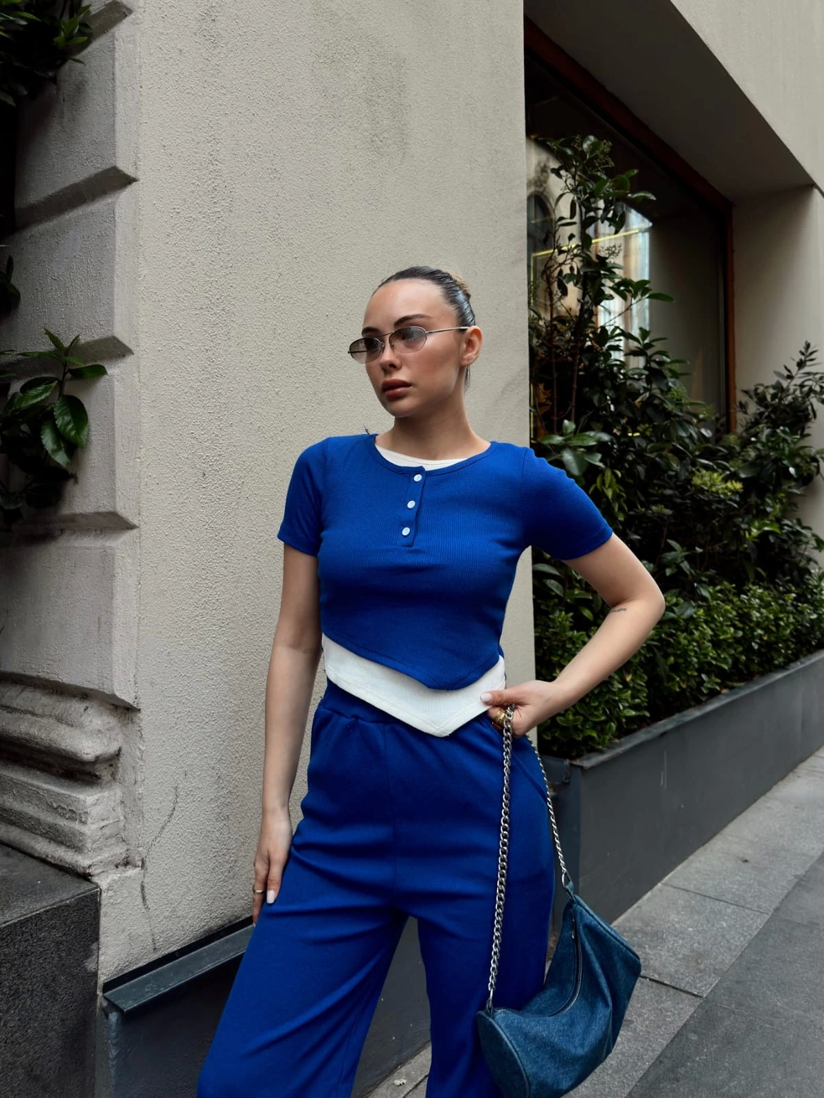 Button-Collared Saxon Blue Bottom and Top Set