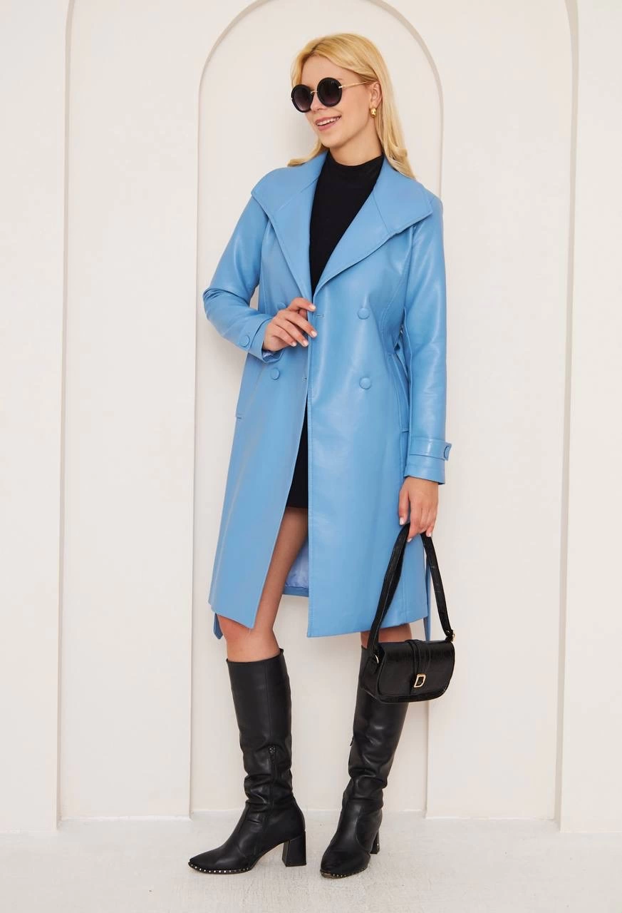 Buttoned Long Leather Coat Blue