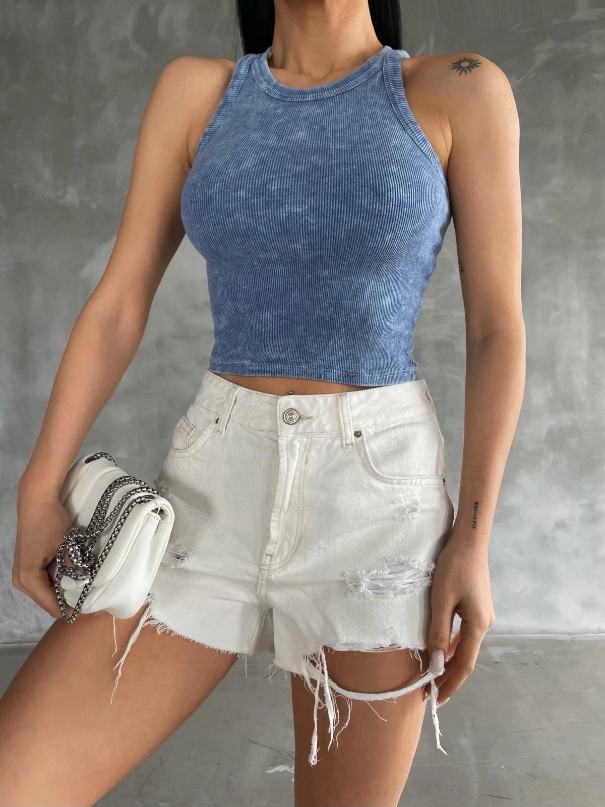 Halter Neck Washed Women's Blouse Blue