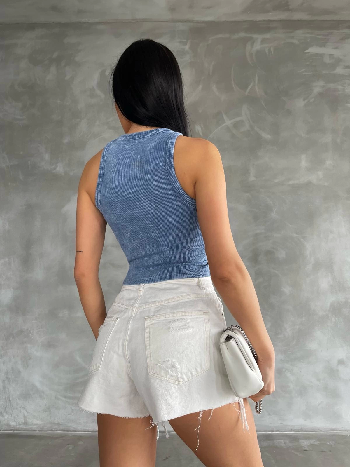 Halter Yaka Yıkamalı Kadın Bluz Mavi