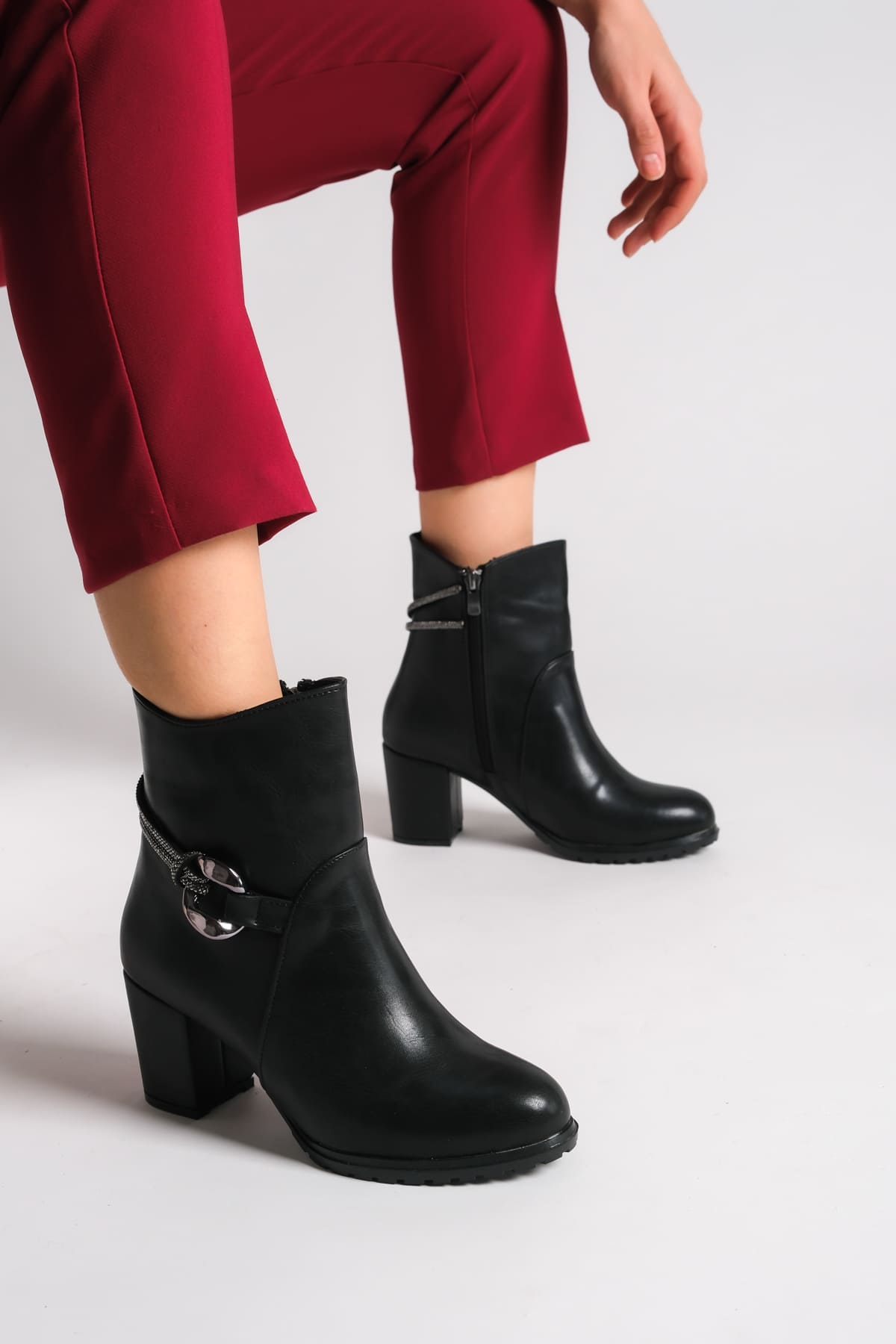 EDE Zippered Orthopedic Sole Stoned Heeled Women's Boots - Black