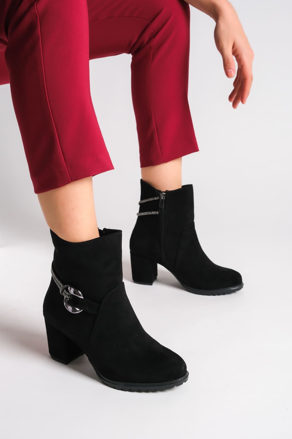 EDE Zippered Orthopedic Sole Stoned Heeled Suede Women's Boots - Black