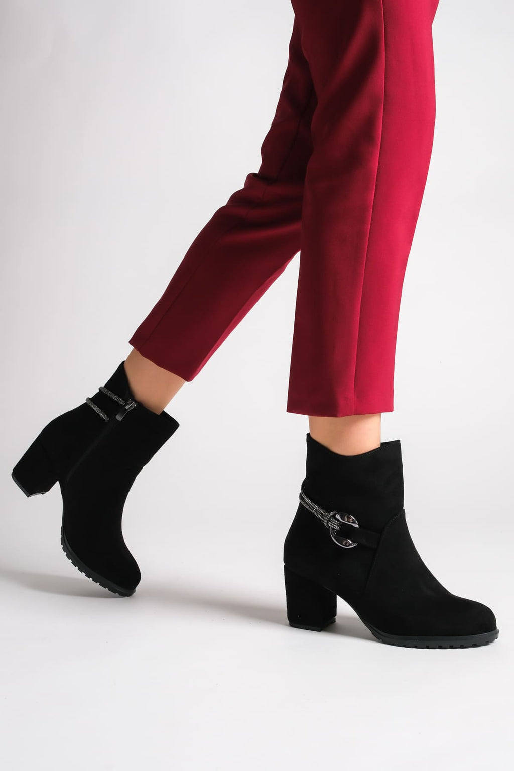 EDE Zippered Orthopedic Sole Stoned Heeled Suede Women's Boots - Black