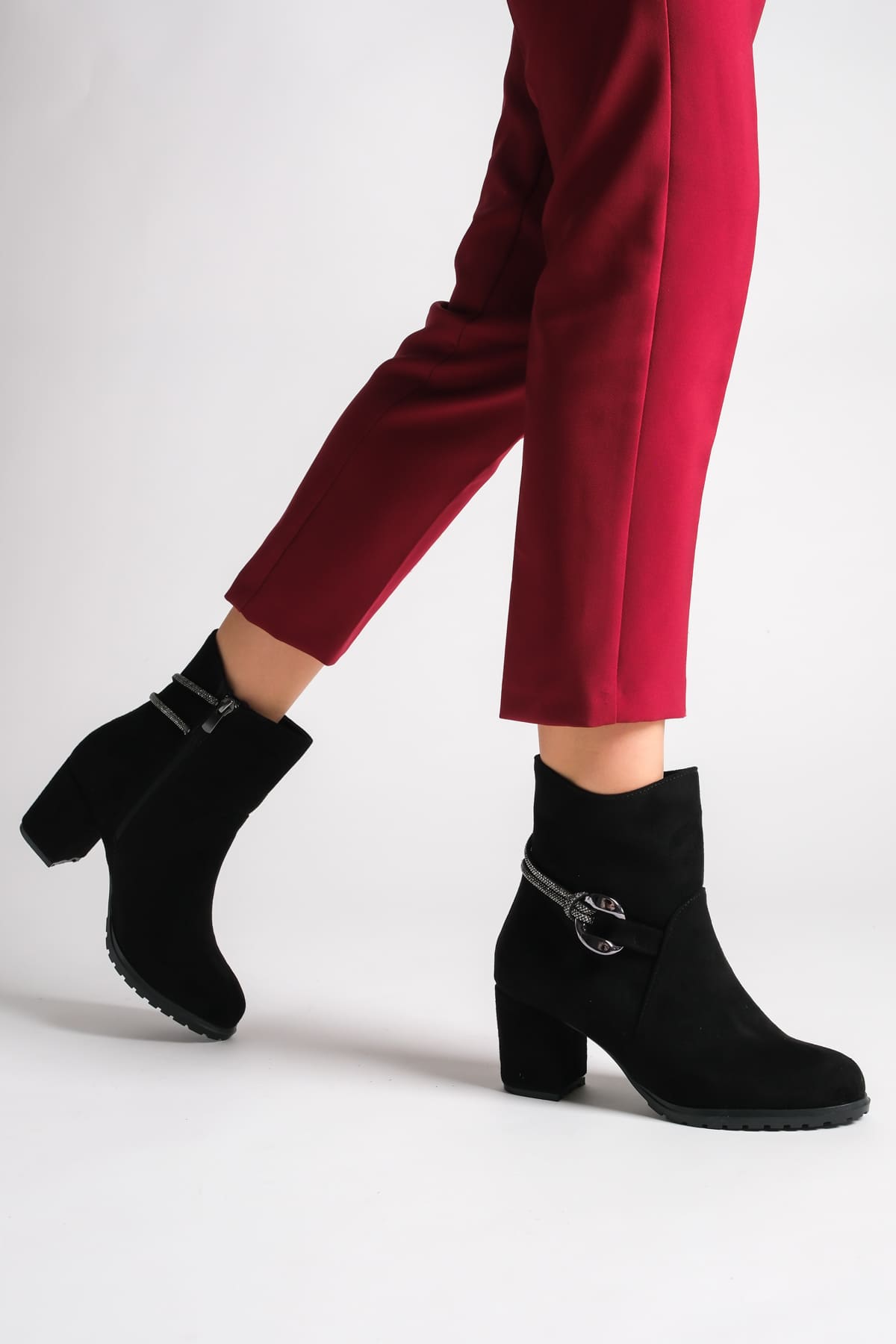 EDE Zippered Orthopedic Sole Stoned Heeled Suede Women's Boots - Black