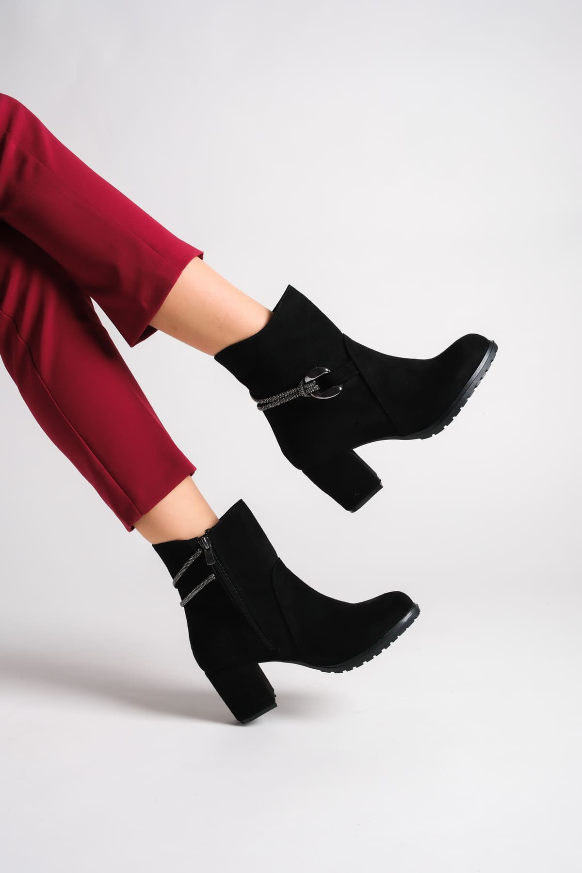 EDE Zippered Orthopedic Sole Stoned Heeled Suede Women's Boots - Black
